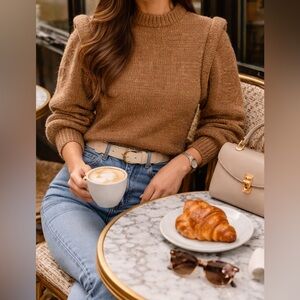 ASTR The Label Camel Chunky Knit Puff Shoulder Sweater | Quiet Luxury | XS